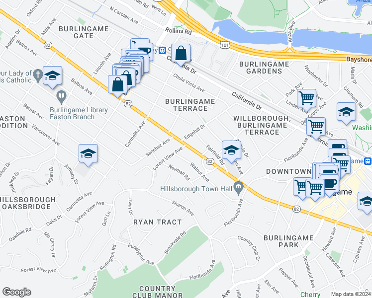 map of restaurants, bars, coffee shops, grocery stores, and more near 1500 Forest View Avenue in Burlingame