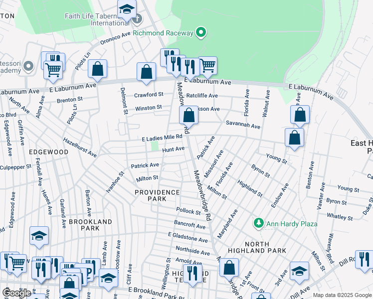 map of restaurants, bars, coffee shops, grocery stores, and more near 3511 Meadowbridge Road in Richmond