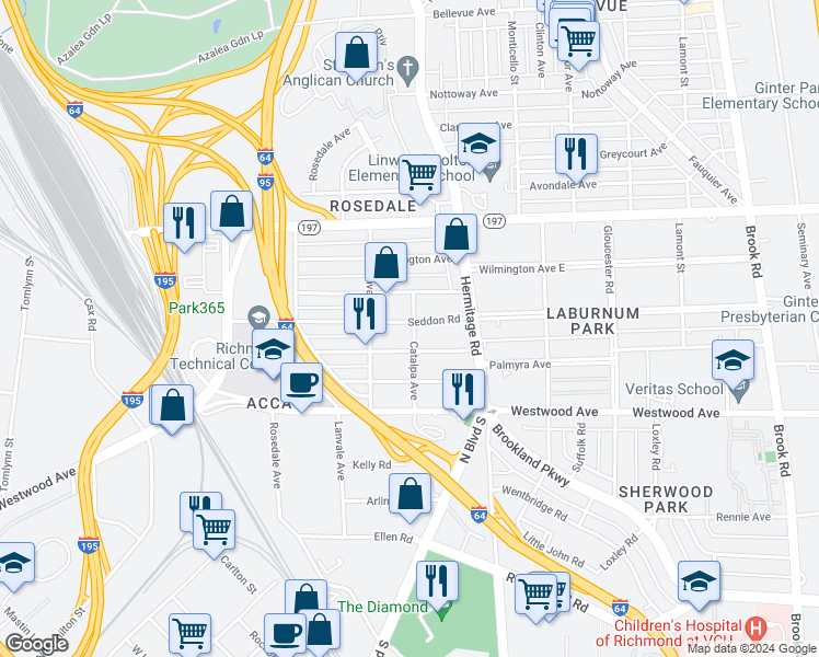 map of restaurants, bars, coffee shops, grocery stores, and more near 1801 Seddon Road in Richmond