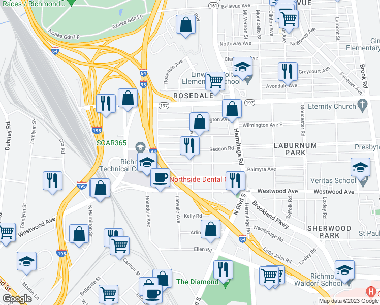 map of restaurants, bars, coffee shops, grocery stores, and more near 1901 Seddon Road in Richmond
