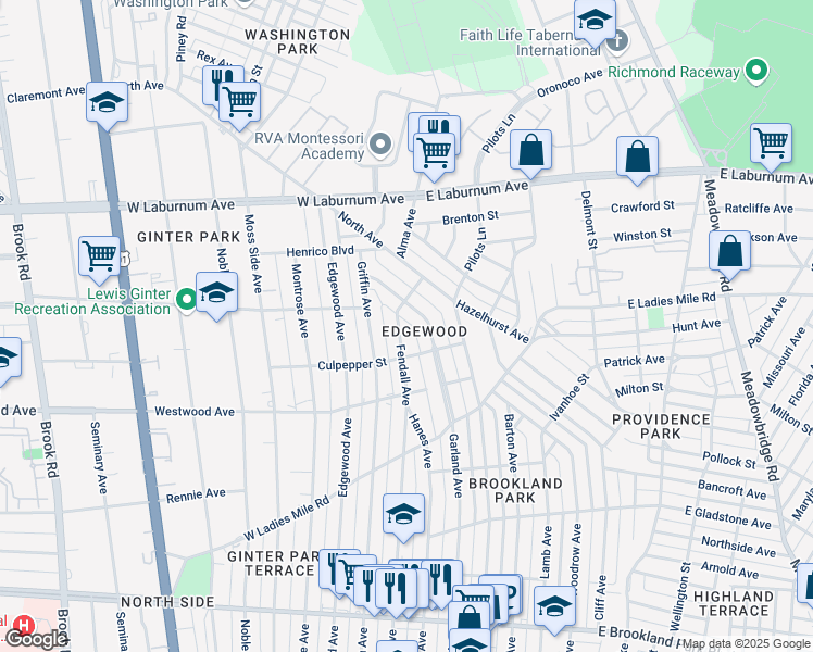 map of restaurants, bars, coffee shops, grocery stores, and more near 3509 Fendall Ave in Richmond