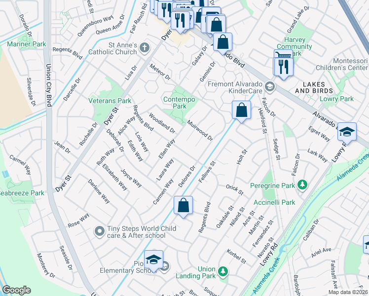 map of restaurants, bars, coffee shops, grocery stores, and more near 32533 Regents Boulevard in Union City