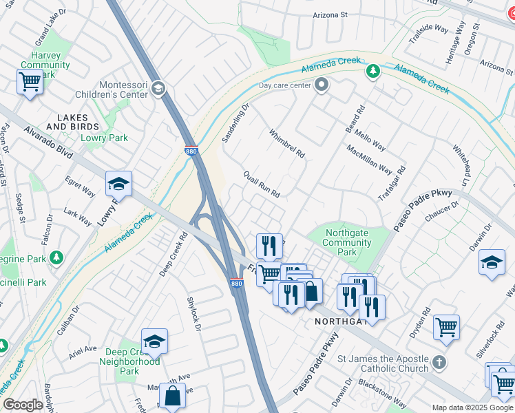 map of restaurants, bars, coffee shops, grocery stores, and more near 3691 Thrush Terrace in Fremont