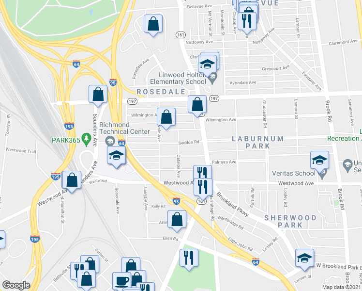 map of restaurants, bars, coffee shops, grocery stores, and more near 1715 Seddon Road in Richmond