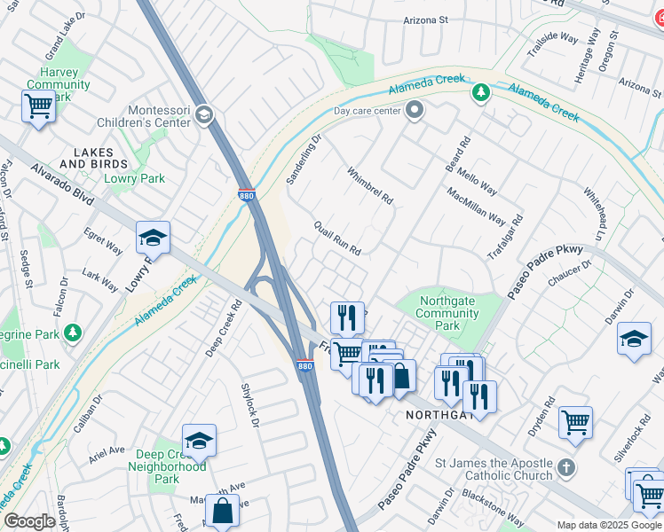 map of restaurants, bars, coffee shops, grocery stores, and more near 3691 Thrush Terrace in Fremont