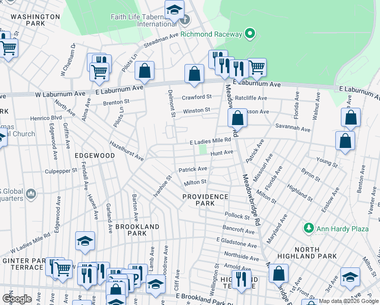 map of restaurants, bars, coffee shops, grocery stores, and more near 426 Hunt Avenue in Richmond