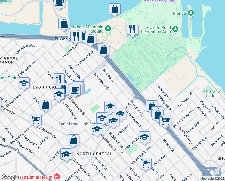 map of restaurants, bars, coffee shops, grocery stores, and more near 728 North Humboldt Street in San Mateo
