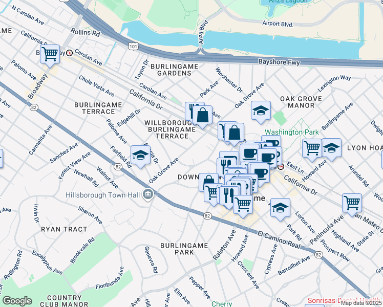 map of restaurants, bars, coffee shops, grocery stores, and more near 1239 Oak Grove Avenue in Burlingame