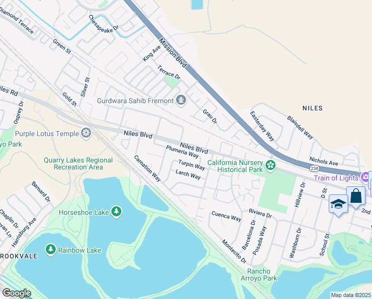 map of restaurants, bars, coffee shops, grocery stores, and more near 35936 Plumeria Way in Fremont