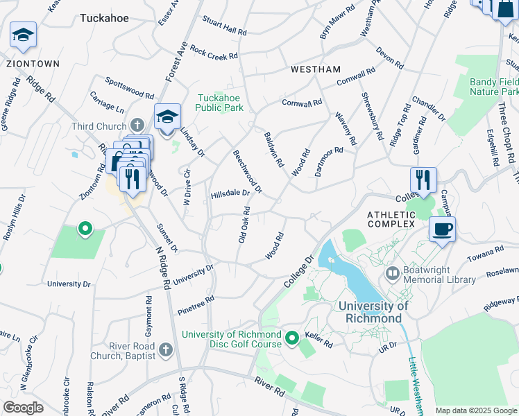 map of restaurants, bars, coffee shops, grocery stores, and more near 7002 Lakewood Drive in Richmond