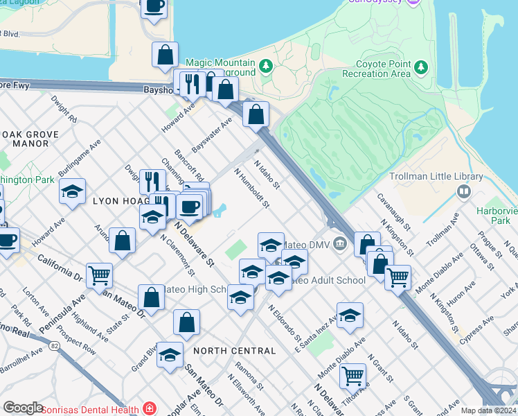 map of restaurants, bars, coffee shops, grocery stores, and more near 801 North Humboldt Street in San Mateo