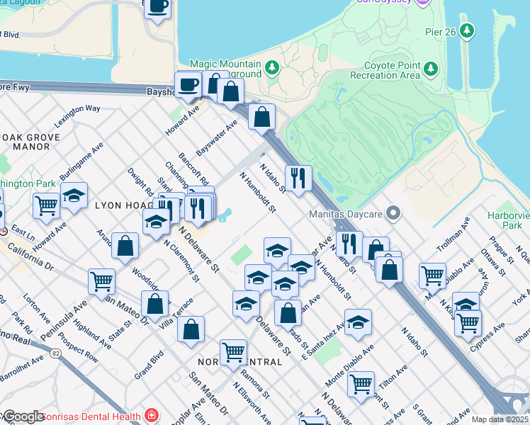 map of restaurants, bars, coffee shops, grocery stores, and more near 801 North Humboldt Street in San Mateo