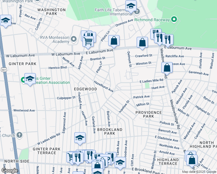 map of restaurants, bars, coffee shops, grocery stores, and more near 3407 Hazelhurst Avenue in Richmond