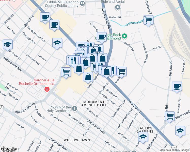 map of restaurants, bars, coffee shops, grocery stores, and more near 1804 Staples Mill Road in Richmond