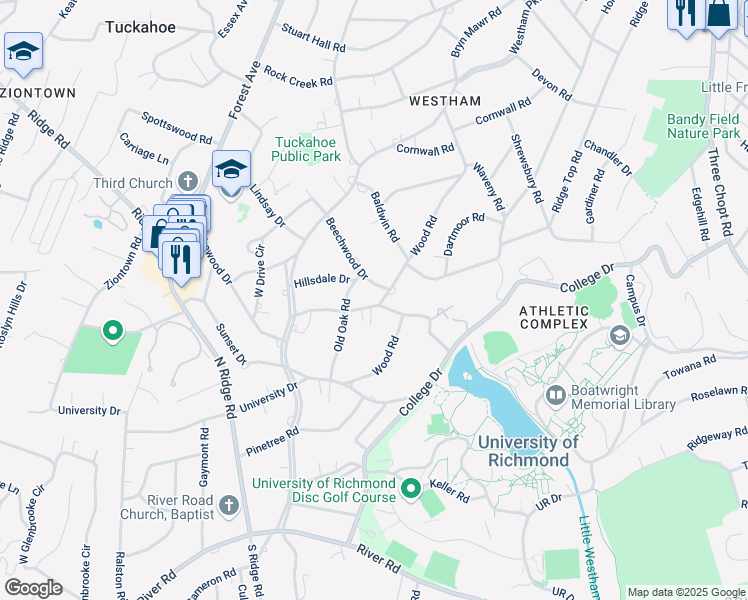 map of restaurants, bars, coffee shops, grocery stores, and more near 7002 Lakewood Drive in Richmond