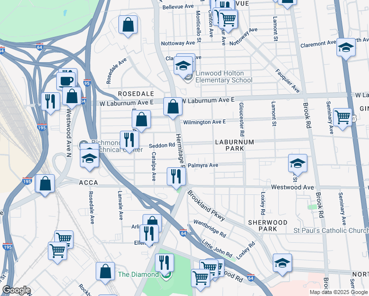map of restaurants, bars, coffee shops, grocery stores, and more near 1617 Laburnum Park Boulevard in Richmond