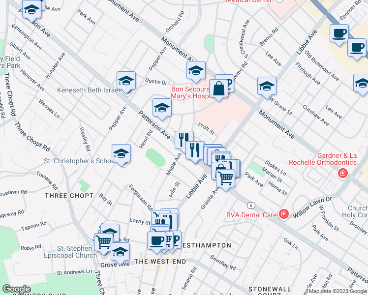 map of restaurants, bars, coffee shops, grocery stores, and more near 5905 Virginia 6 in Richmond
