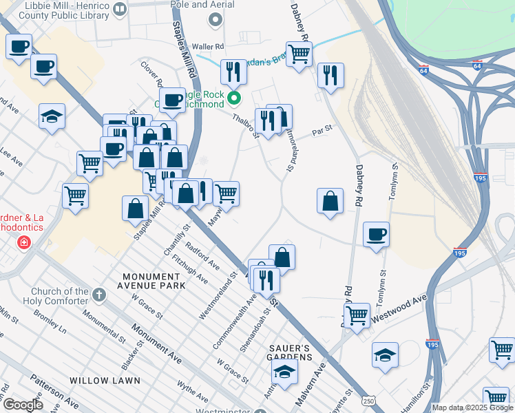 map of restaurants, bars, coffee shops, grocery stores, and more near 2002 Westmoreland Street in Richmond