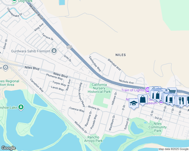 map of restaurants, bars, coffee shops, grocery stores, and more near 36341 Mission Boulevard in Fremont