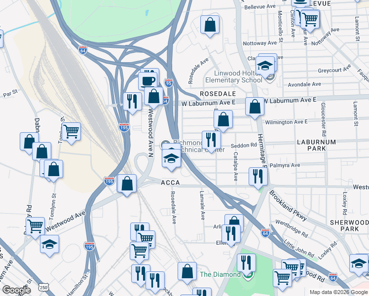 map of restaurants, bars, coffee shops, grocery stores, and more near 1931 Seddon Road in Richmond
