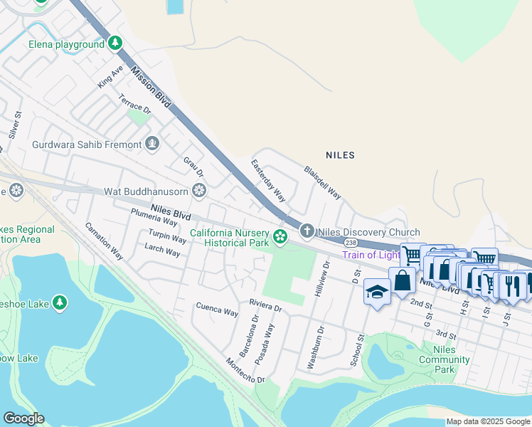 map of restaurants, bars, coffee shops, grocery stores, and more near 36341 Mission Boulevard in Fremont