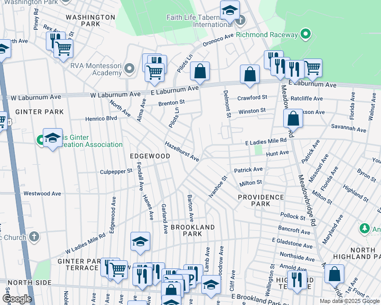 map of restaurants, bars, coffee shops, grocery stores, and more near 3407 Hazelhurst Avenue in Richmond