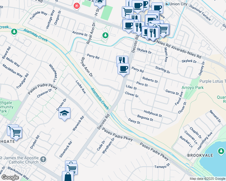 map of restaurants, bars, coffee shops, grocery stores, and more near 2702 Chinook Court in Union City