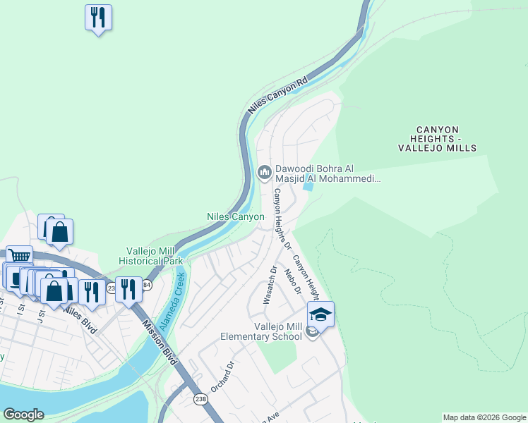 map of restaurants, bars, coffee shops, grocery stores, and more near 957 Old Canyon Road in Fremont