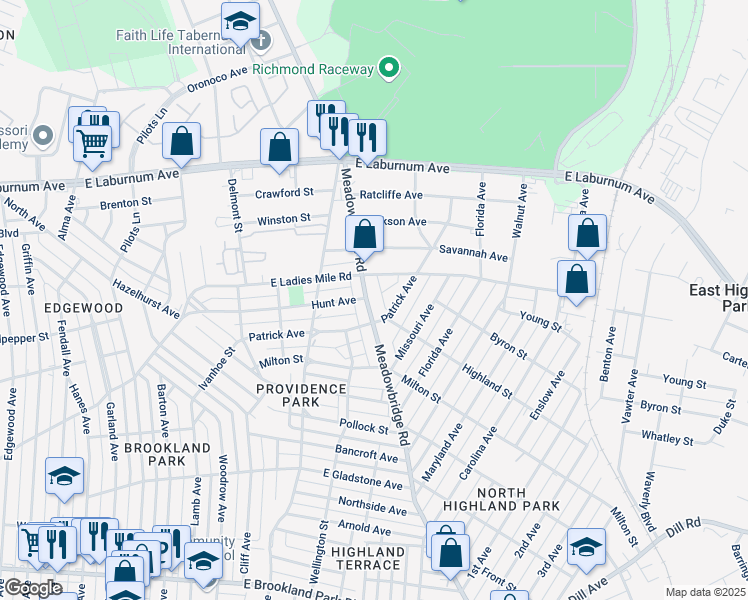 map of restaurants, bars, coffee shops, grocery stores, and more near 3511 Meadowbridge Road in Richmond