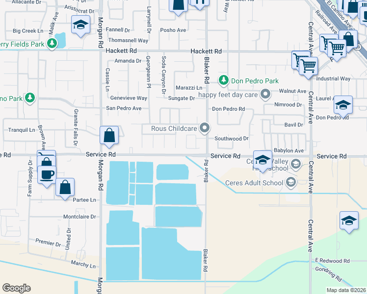 map of restaurants, bars, coffee shops, grocery stores, and more near 1625 Janni Way in Ceres