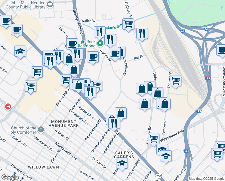 map of restaurants, bars, coffee shops, grocery stores, and more near in Richmond