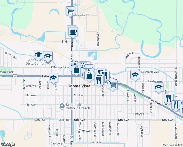 map of restaurants, bars, coffee shops, grocery stores, and more near 925 1st Avenue in Monte Vista