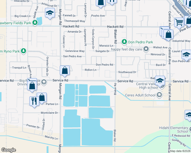 map of restaurants, bars, coffee shops, grocery stores, and more near 3925 Sweet Gum Drive in Ceres