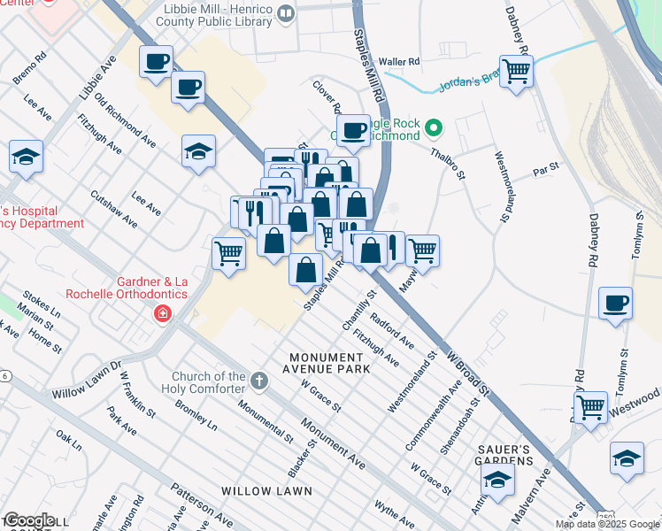 map of restaurants, bars, coffee shops, grocery stores, and more near 1804 Staples Mill Road in Richmond