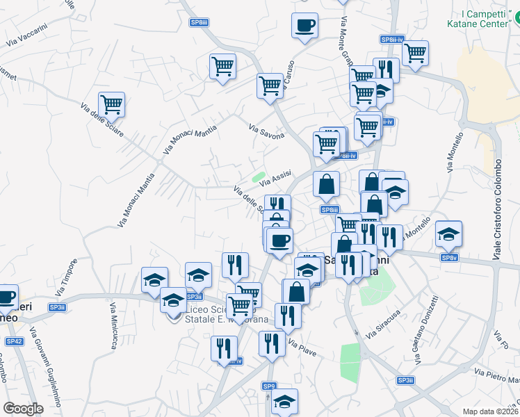 map of restaurants, bars, coffee shops, grocery stores, and more near 55 Via delle Sciare in Città metropolitana di Catania