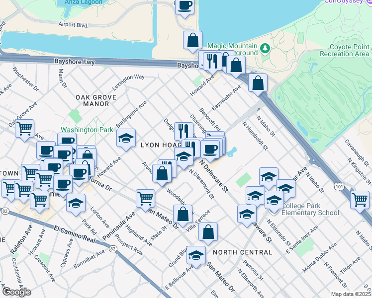 map of restaurants, bars, coffee shops, grocery stores, and more near 23 Dwight Road in Burlingame