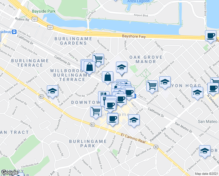 map of restaurants, bars, coffee shops, grocery stores, and more near 421 California Drive in Burlingame
