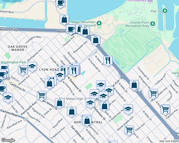 map of restaurants, bars, coffee shops, grocery stores, and more near 821 North Humboldt Street in San Mateo