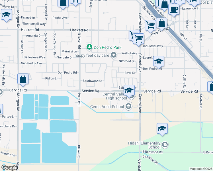 map of restaurants, bars, coffee shops, grocery stores, and more near 3912 Woodview Drive in Ceres