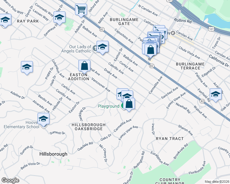 map of restaurants, bars, coffee shops, grocery stores, and more near 1250 Jackling Drive in Hillsborough
