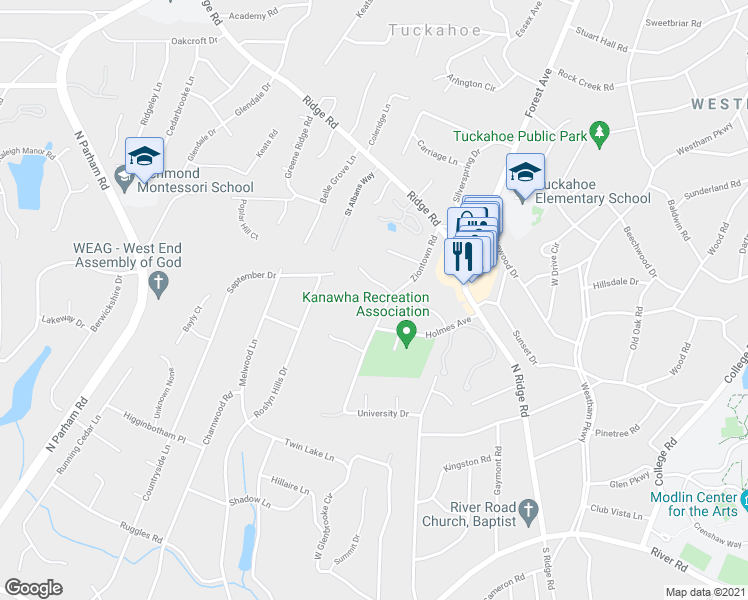 map of restaurants, bars, coffee shops, grocery stores, and more near 402 Ziontown Road in Henrico