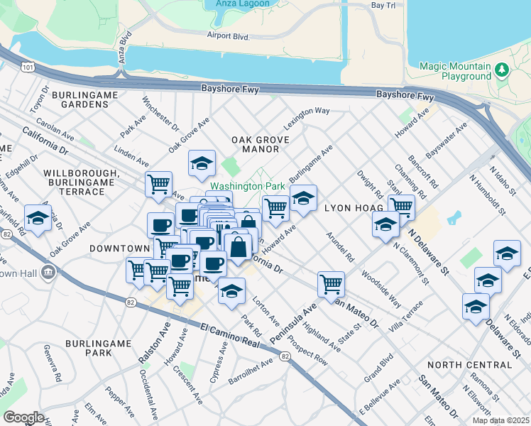 map of restaurants, bars, coffee shops, grocery stores, and more near 250 Myrtle Road in Burlingame