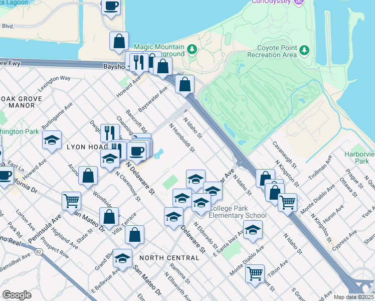 map of restaurants, bars, coffee shops, grocery stores, and more near 801 North Humboldt Street in San Mateo