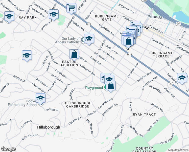 map of restaurants, bars, coffee shops, grocery stores, and more near 1250 Jackling Drive in Hillsborough