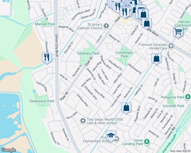 map of restaurants, bars, coffee shops, grocery stores, and more near 32413 Deborah Drive in Union City