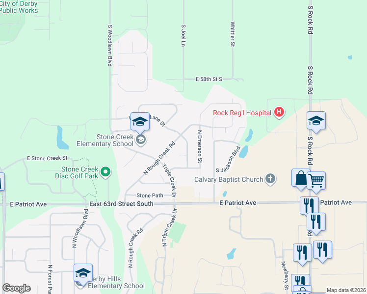 map of restaurants, bars, coffee shops, grocery stores, and more near 3007 North Rock Bridge Street in Derby