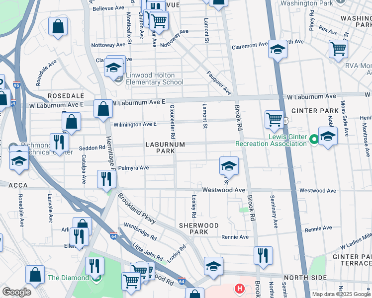 map of restaurants, bars, coffee shops, grocery stores, and more near 1409 Confederate Avenue in Richmond