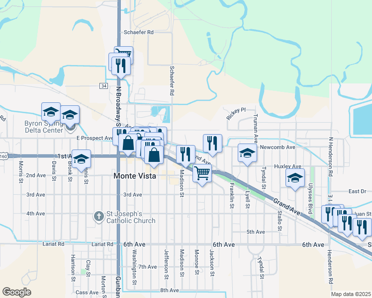 map of restaurants, bars, coffee shops, grocery stores, and more near 1139 Acequia Drive in Monte Vista