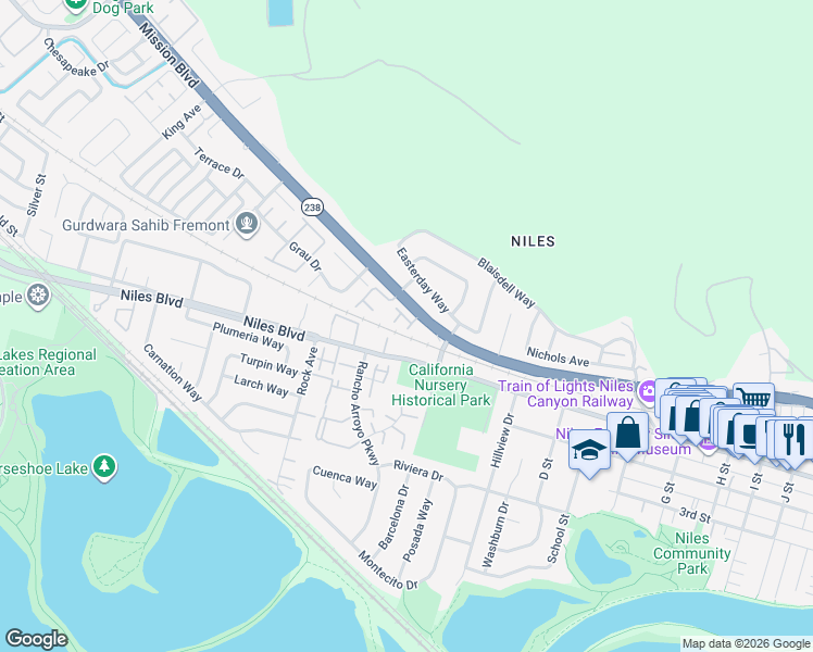 map of restaurants, bars, coffee shops, grocery stores, and more near 10 Potel Common in Fremont