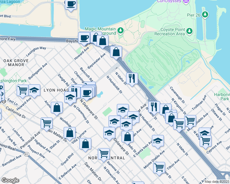 map of restaurants, bars, coffee shops, grocery stores, and more near 801 North Humboldt Street in San Mateo